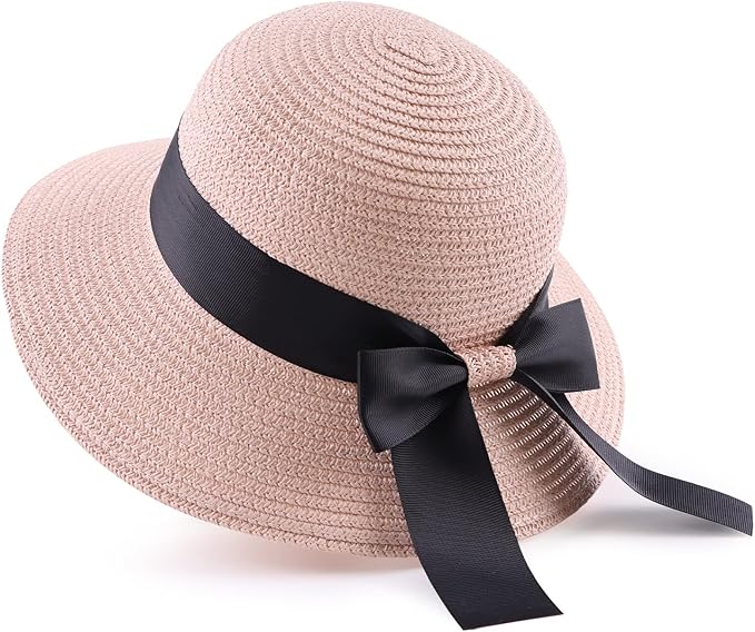 Women’s Wide Brim Straw Sun Hat with Ribbon Bow