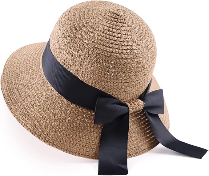 Women’s Wide Brim Straw Sun Hat with Ribbon Bow