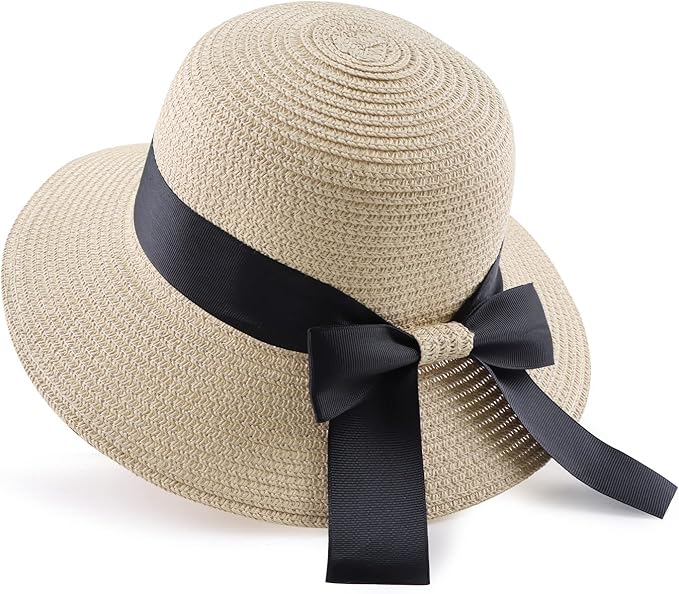 Women’s Wide Brim Straw Sun Hat with Ribbon Bow